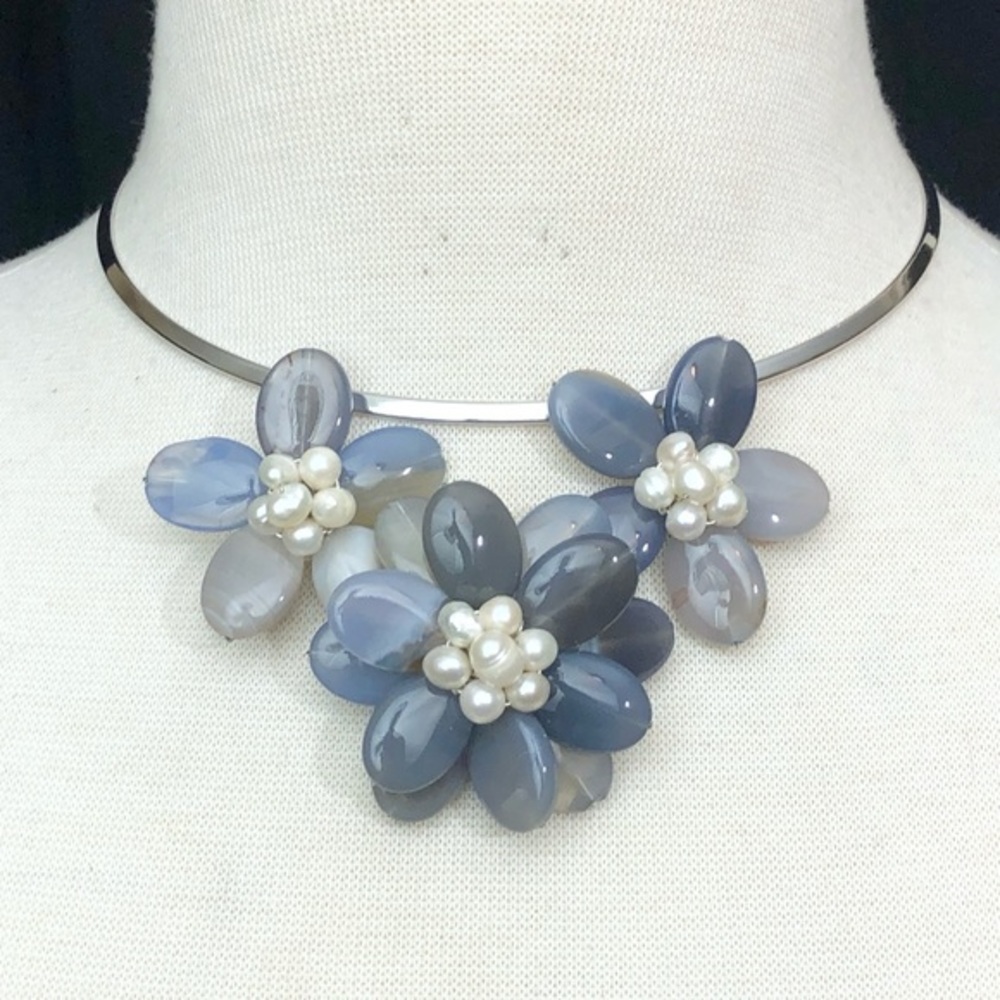 Grey Blue Agate Stone Fresh Water Pearl Choker Necklace